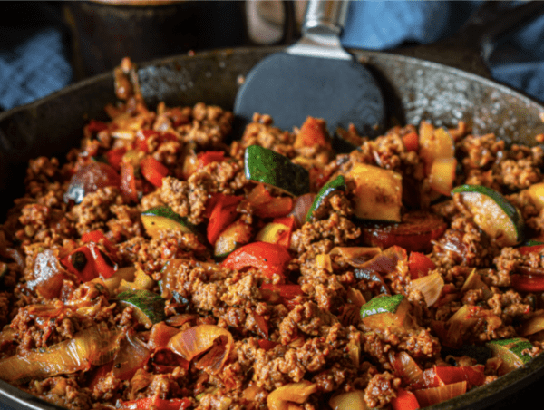 Ground beef and vegetable skillet meal.